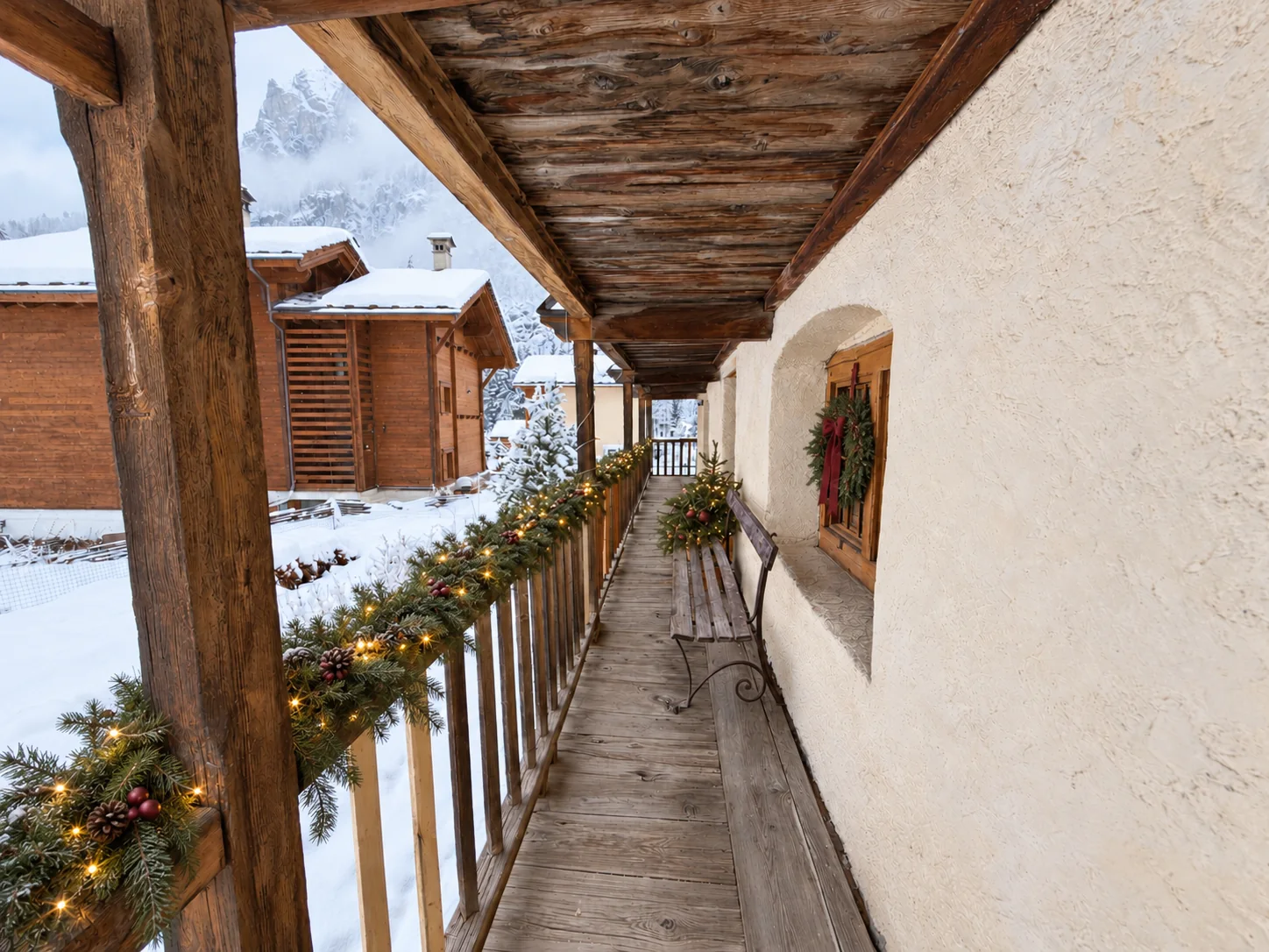 Snow-covered wooden balcony at Casalpina in Gressoney